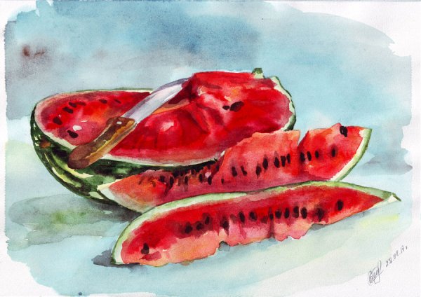 Этюд арбуза акварелью
