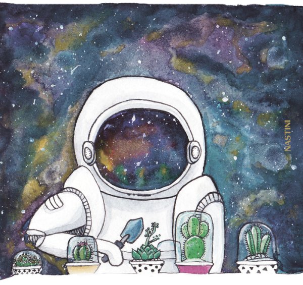 Космонавт в космосе акварелью
