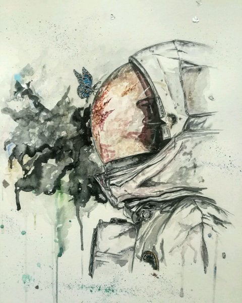 Космонавт рисунок акварелью