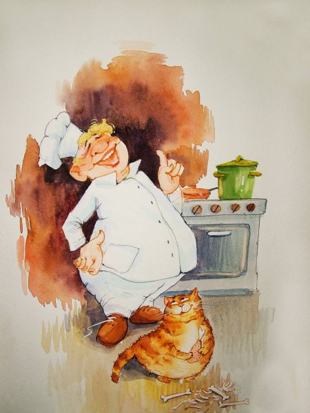 Повар на кухне акварель