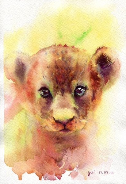 Лев акварель
