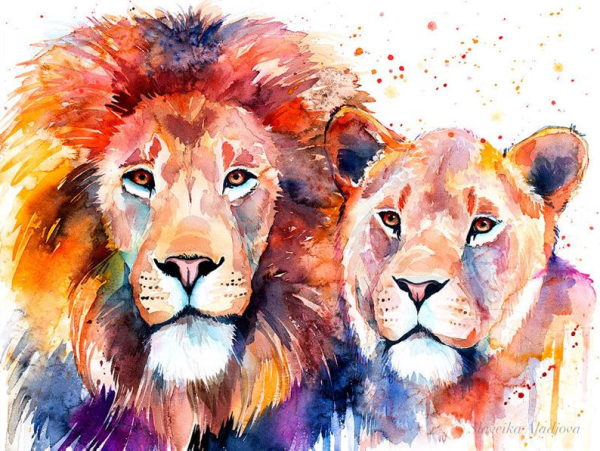 Лев акварель