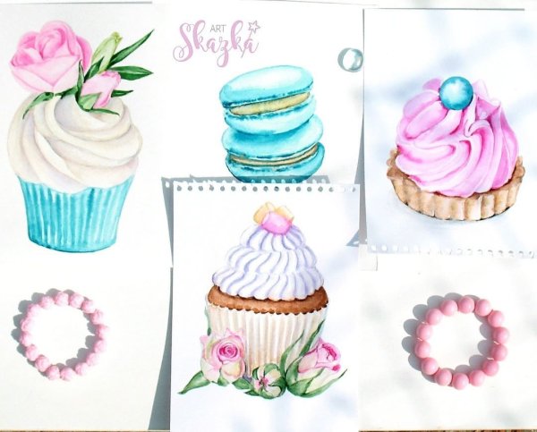 Акварельные торты капкейки