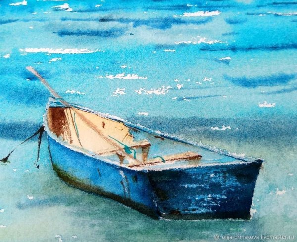 Лодка в море акварелью