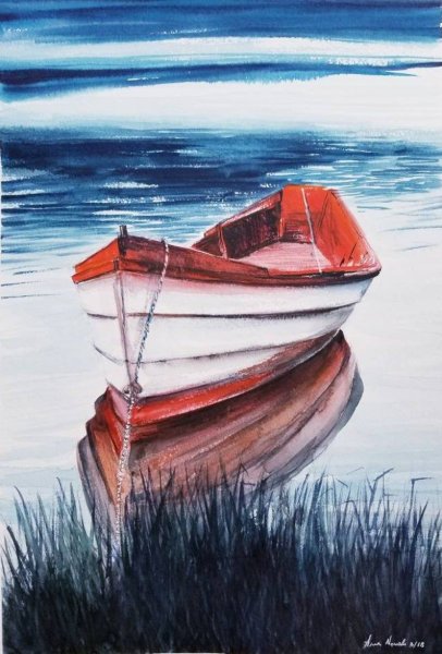 Лодка на воде акварель