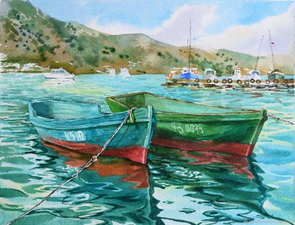 Лодка на воде акварель