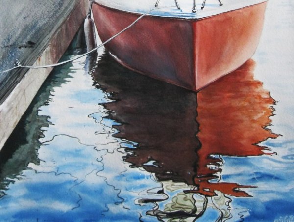 Акварель лодка у причала