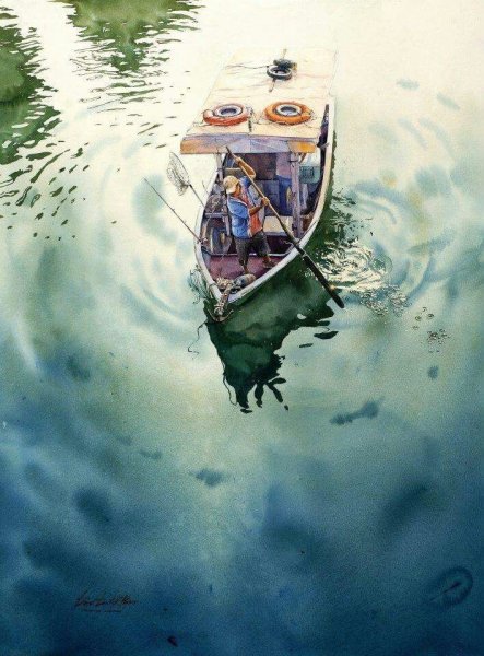 Лодка в море акварелью