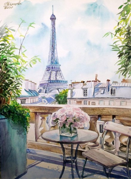 Париж Эйфелева башня акварель