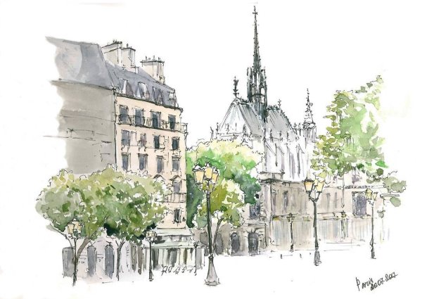 Париж Монмартр акварель