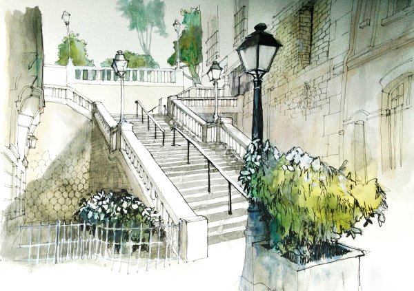 Париж парк акварель