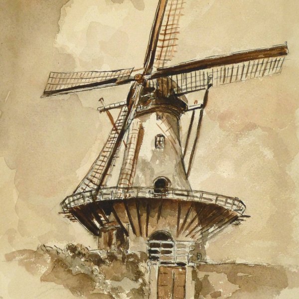 Мельница акварель