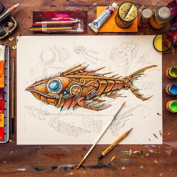 Стимпанк акварельными карандашами