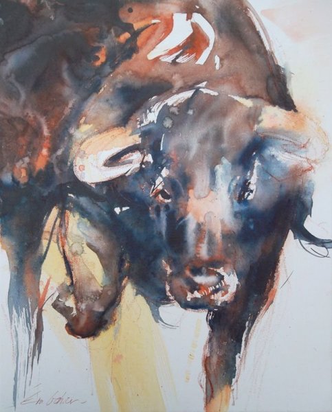 Белый бык акварель