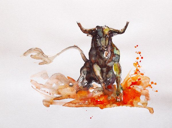 Бык набросок акварелью