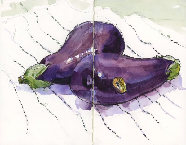 Рисование баклажана акварелью