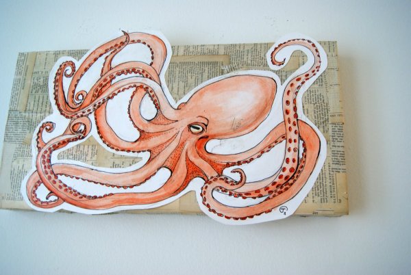 Осьминог рисунок акварелью