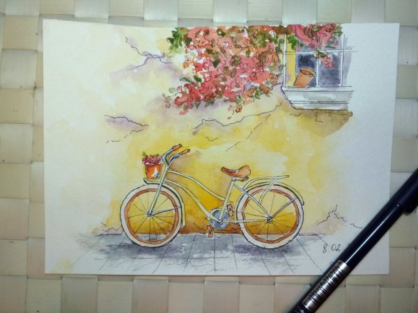 Акварельный скетч с велосипедом
