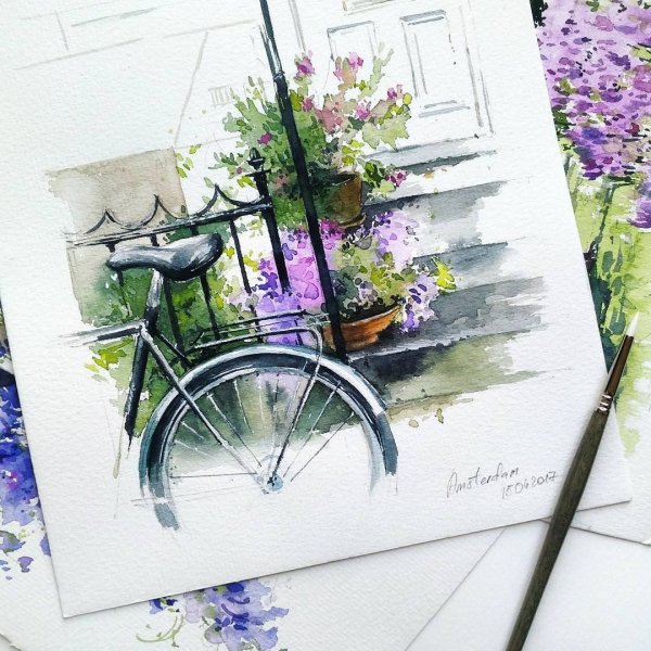 Велосипед с лавандой акварель