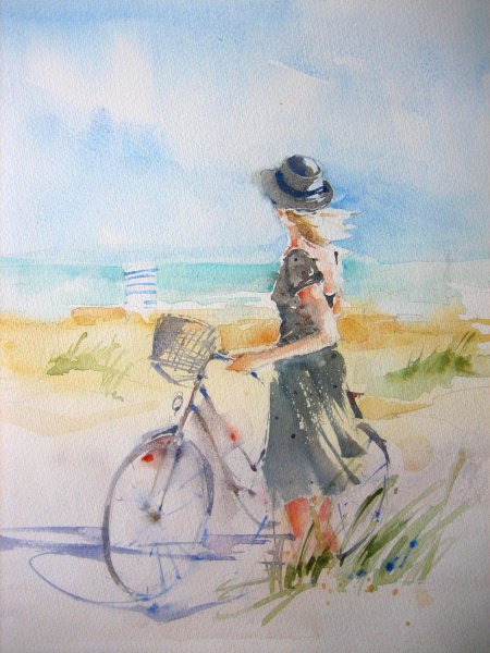 Девушка на велосипеде акварель