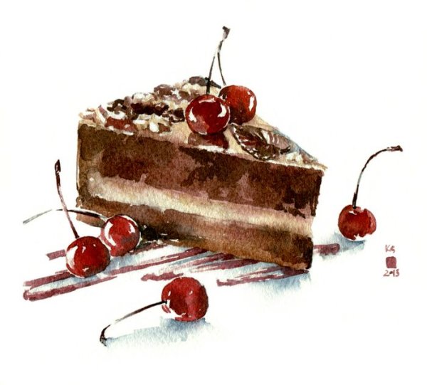 Торт с вишней акварель