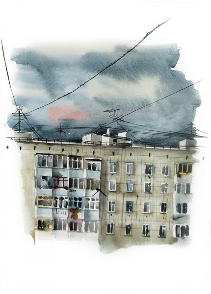 Многоэтажный дом акварелью