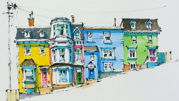 Здания гуашью