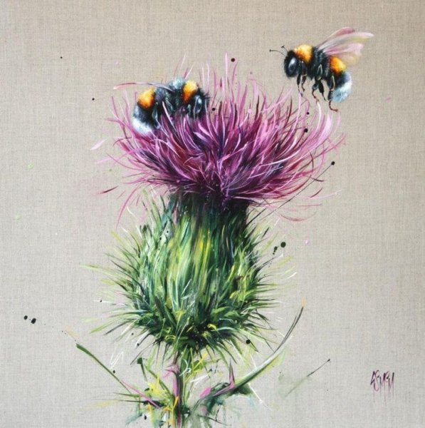 Пчела на цветке акварель