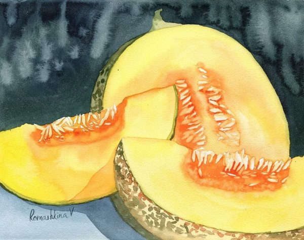 Натюрморт с дыней акварель