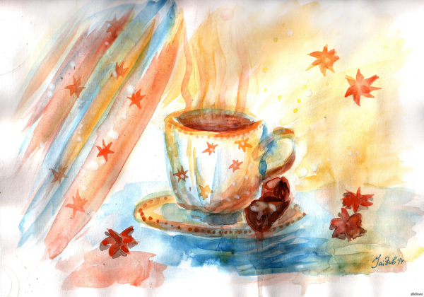 Осеннее чаепитие акварель