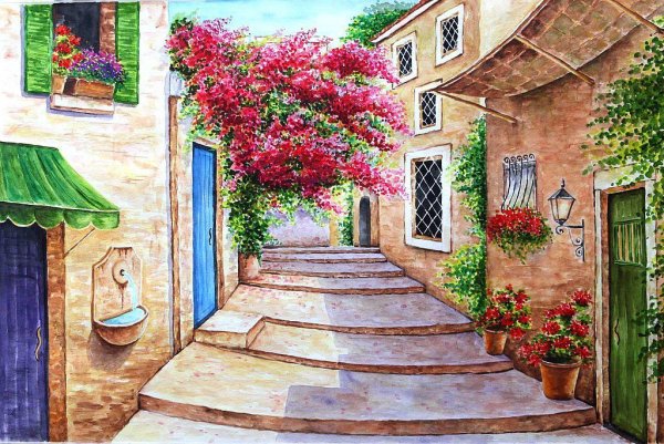 Южная улочка акварель