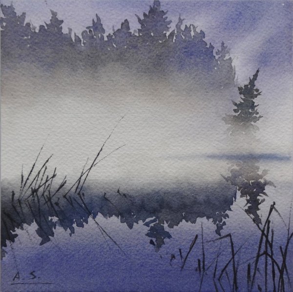 Туманный пейзаж акварелью