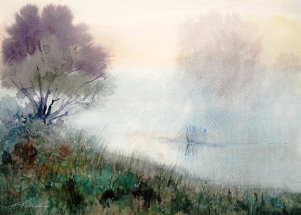 Утренний пейзаж акварелью