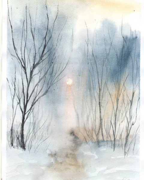 Туманный пейзаж акварелью