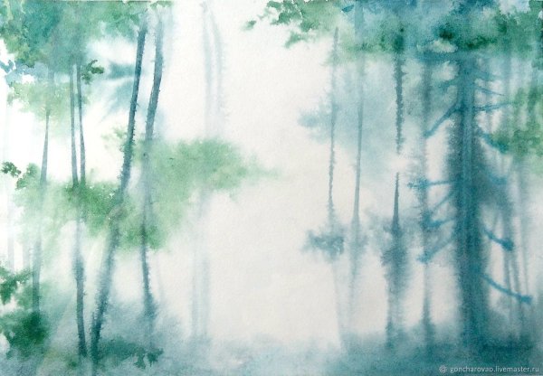 Деревья в тумане акварелью