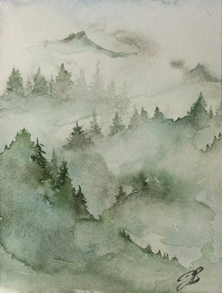 Туманный пейзаж акварелью