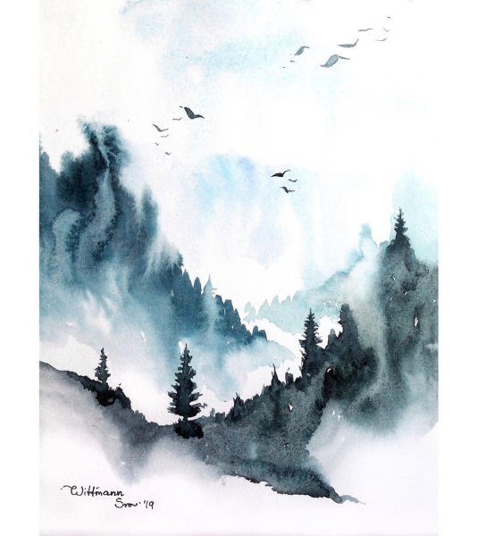 Лес и горы акварелью