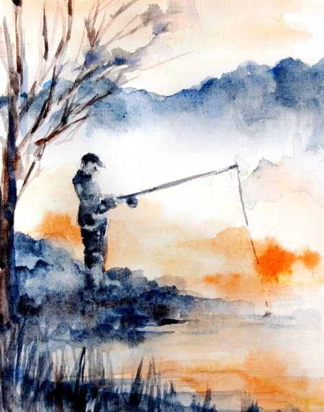 Рыбак акварель