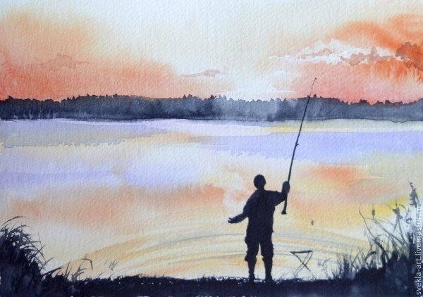 Рыбалка картина акварелью