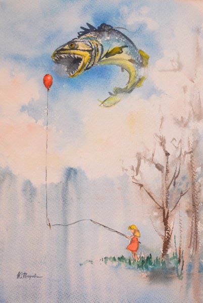 Рыбак акварель