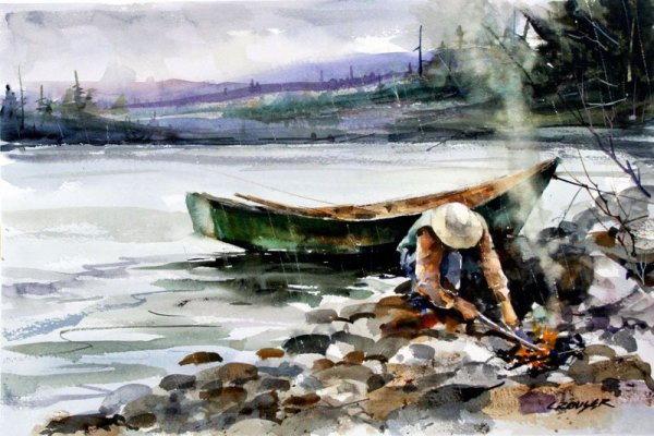 Рыбак акварель