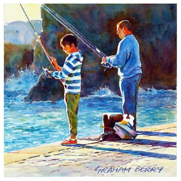 Рыбалка акварель