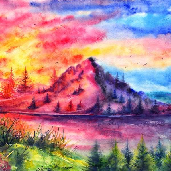 Пейзаж гуашью и акварелью