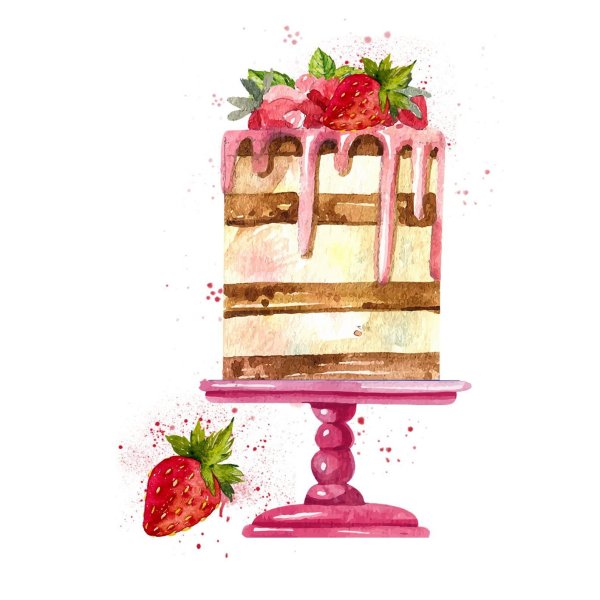 Розовый торт акварель