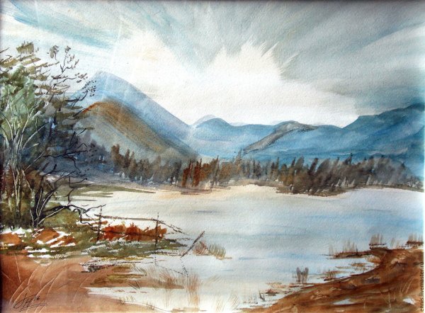 Горный пейзаж акварелью