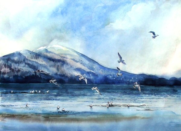Пейзаж акварелью море горы