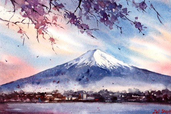 Японский пейзаж акварелью