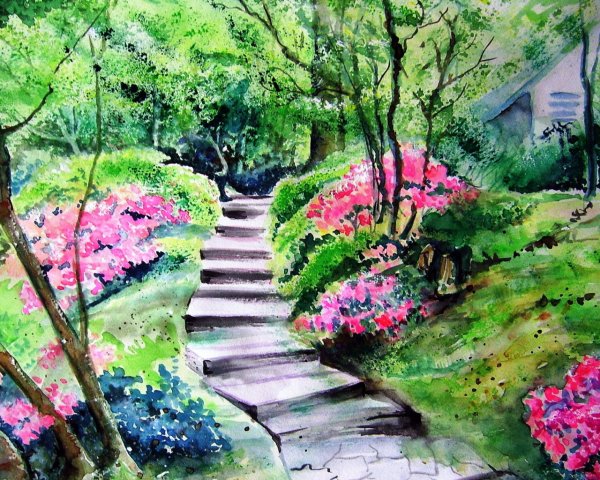 Красивый летний пейзаж гуашью