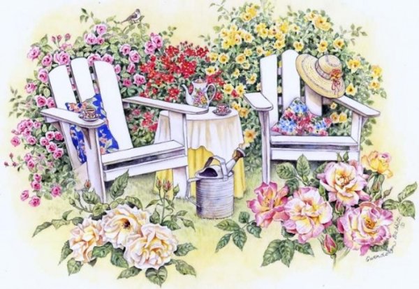 Скамейка сад акварель
