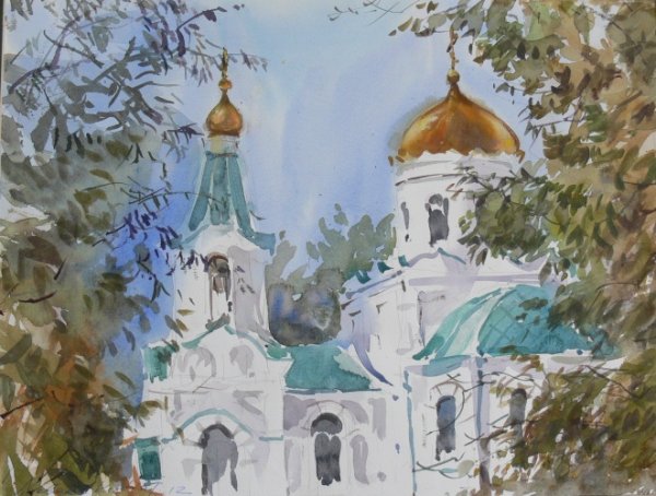 Трушникова пейзаж Церковь акварель